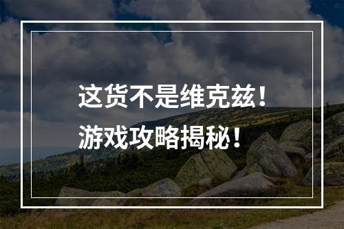 这货不是维克兹！游戏攻略揭秘！