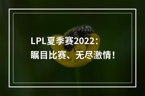 LPL夏季赛2022：瞩目比赛、无尽激情！