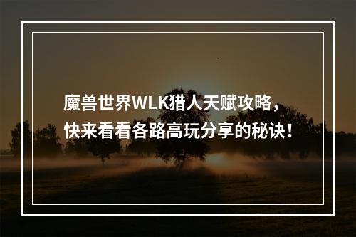 魔兽世界WLK猎人天赋攻略，快来看看各路高玩分享的秘诀！