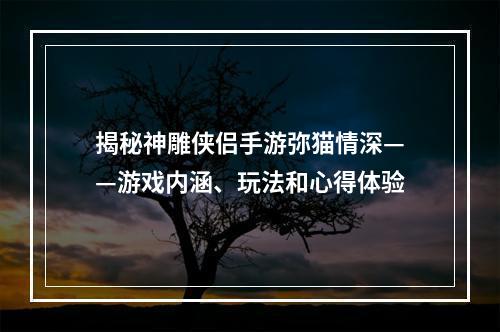 揭秘神雕侠侣手游弥猫情深——游戏内涵、玩法和心得体验