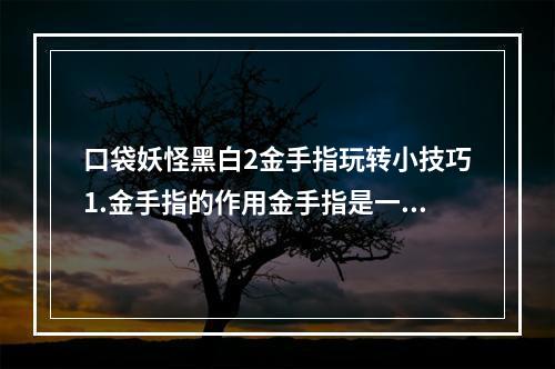 口袋妖怪黑白2金手指玩转小技巧1.金手指的作用金手指是一种游戏外挂，可以在游戏中增加一些特殊功能，比如无限生命值、无限金币等。在口袋妖怪黑白2中，金手指的作用非