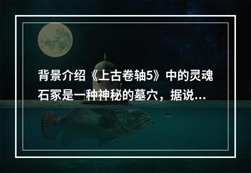 背景介绍《上古卷轴5》中的灵魂石冢是一种神秘的墓穴，据说是被一些死亡的领袖用来在死后升天的。这里充满了古代的神秘气息，同时也是各种生物的聚集地。