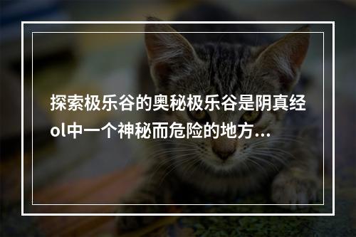 探索极乐谷的奥秘极乐谷是阴真经ol中一个神秘而危险的地方，里面充满了各种魔物和陷阱。但是，在这里你也可以获得极为珍贵的宝物和武器。要想探索极乐谷，你需要掌握三个