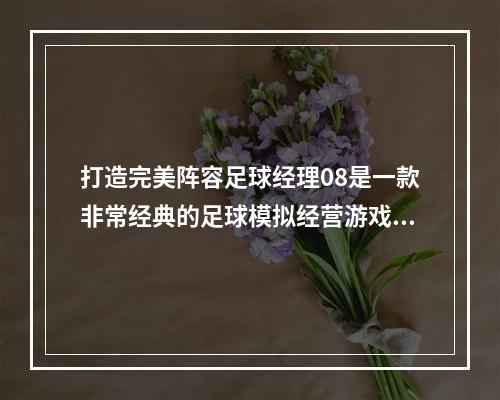 打造完美阵容足球经理08是一款非常经典的足球模拟经营游戏，游戏中，球队的阵容非常关键。要想在比赛中获胜，首先要打造一支强大的阵容。选择合适的球员，制定适合他们的