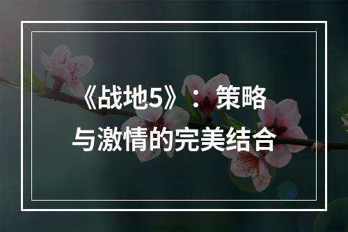 《战地5》：策略与激情的完美结合